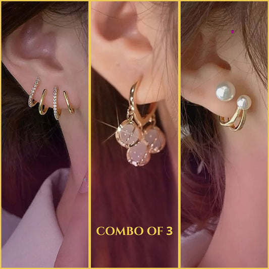 Opal + Dual Pearl + Double-U Earrings - Combo of 3