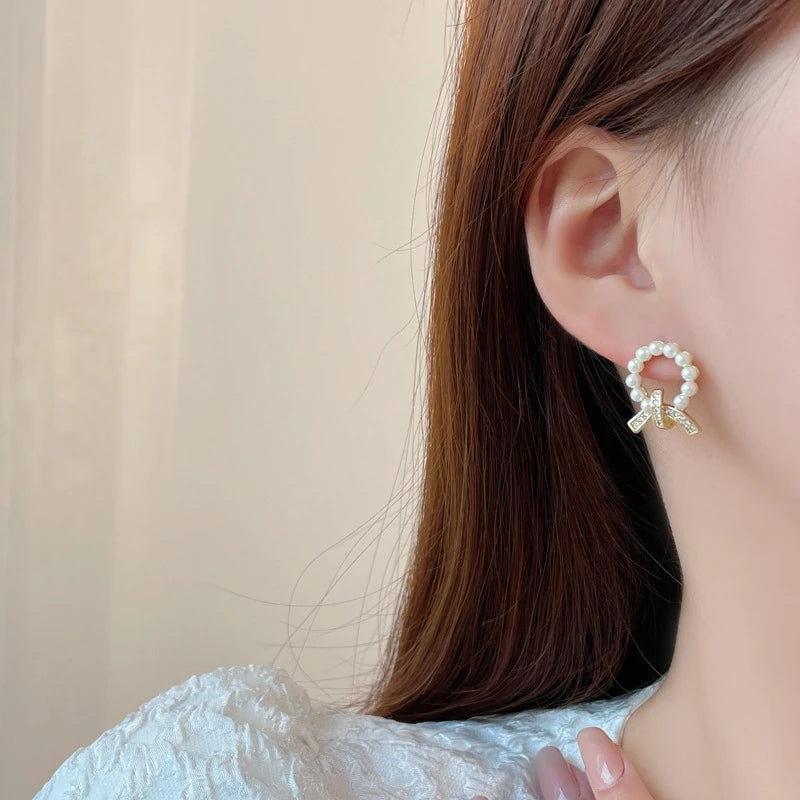 Pearl Bow Statement Earrings- Fancy Fashion Jewellery Earrings, Korean Jhumka for Women and Girls