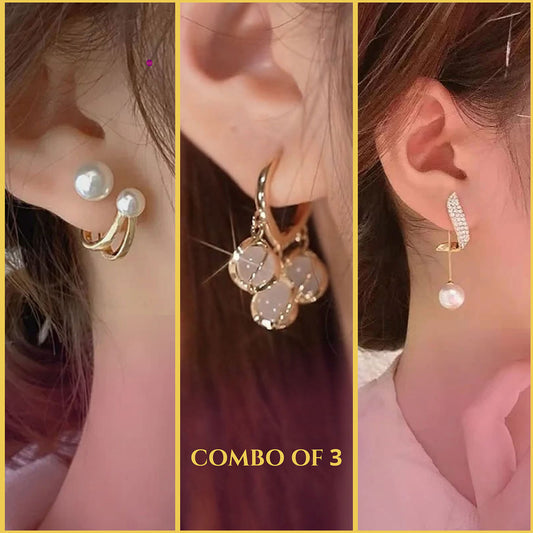 Opal + C-Pearl + Double-U Earrings - Combo of 3