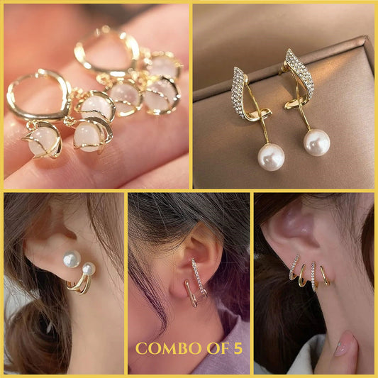 Opal + C-Pearl + Dual Pearl + U + Double-U Earrings - Combo of 5