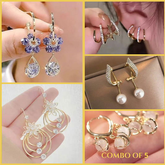 Opal + Fashion flower + Lotus + C-Pearl + Double-U Earrings - Combo of 5