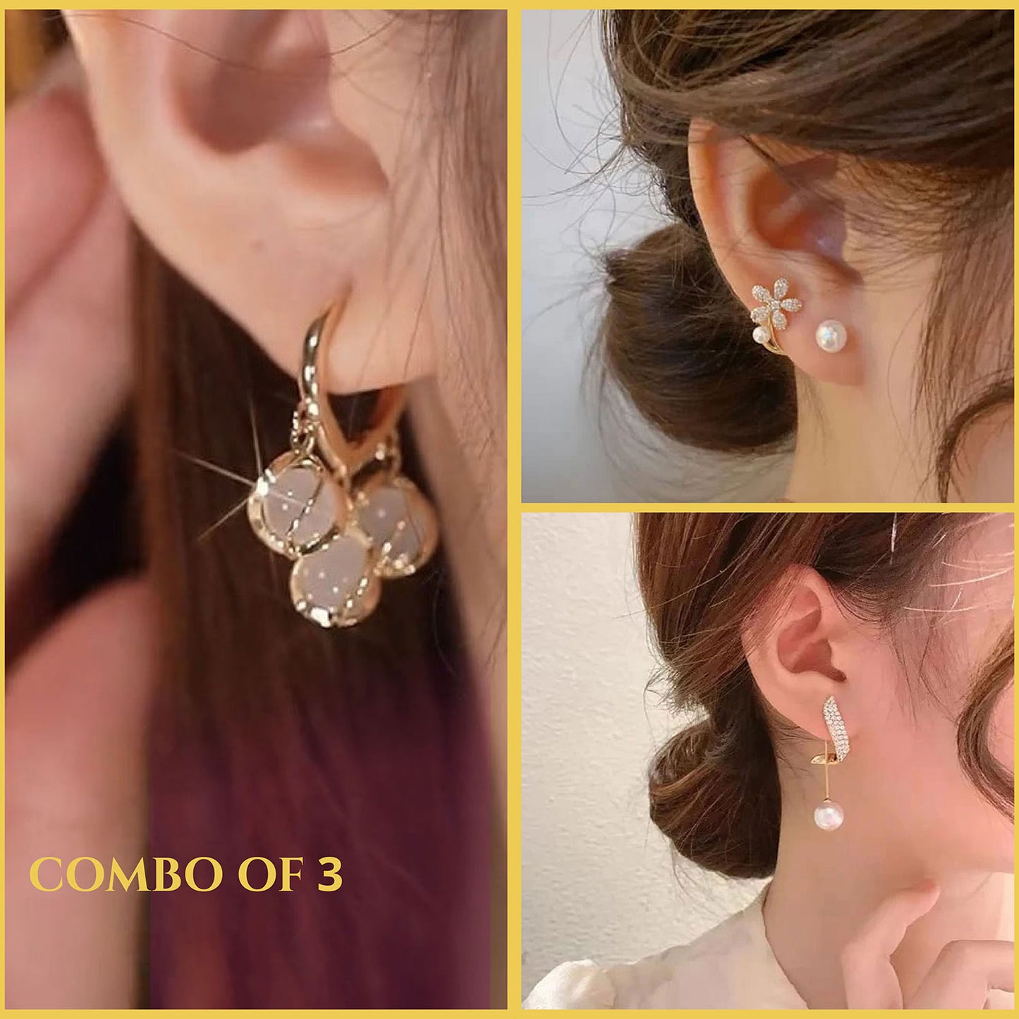 Opal + Pearl Flower + C-Pearl Earrings - Combo of 3