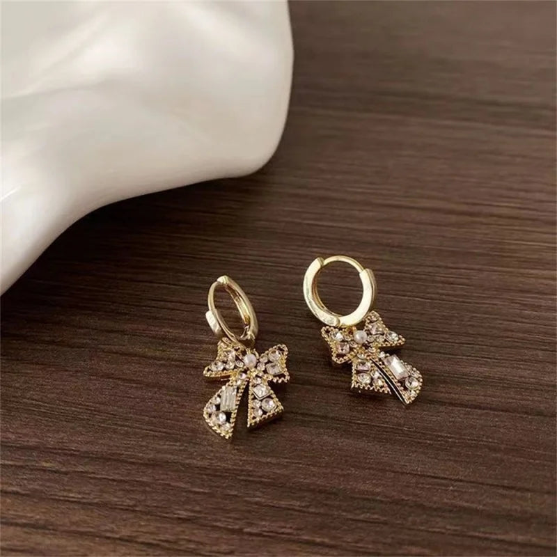 Elegant Gold Bow Drop Earrings- Fancy Fashion Jewellery Earrings, Korean Jhumka for Women and Girls