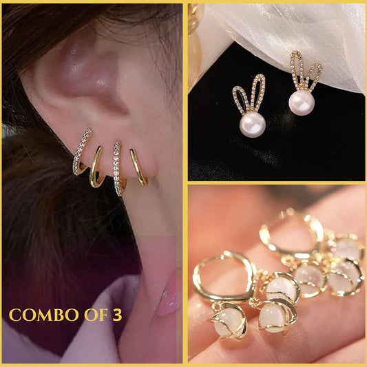 Opal + Bunny + Double-U Earrings - Combo of 3