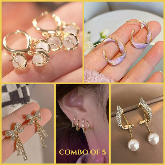 Opal + C-Pearl + Snail + Bow + Double-U Earrings - Combo of 5