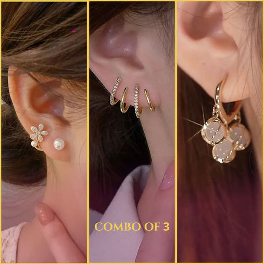 Opal + Pearl Flower + Double-U Earrings - Combo of 3