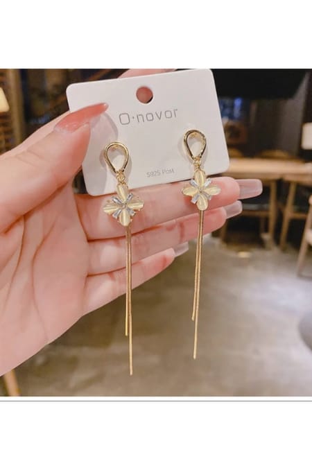 Clover Rhinostone Long Tassel Earring