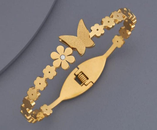 Stylish Stainless Steel Flower Butterfly Bracelet -18k Gold Plated